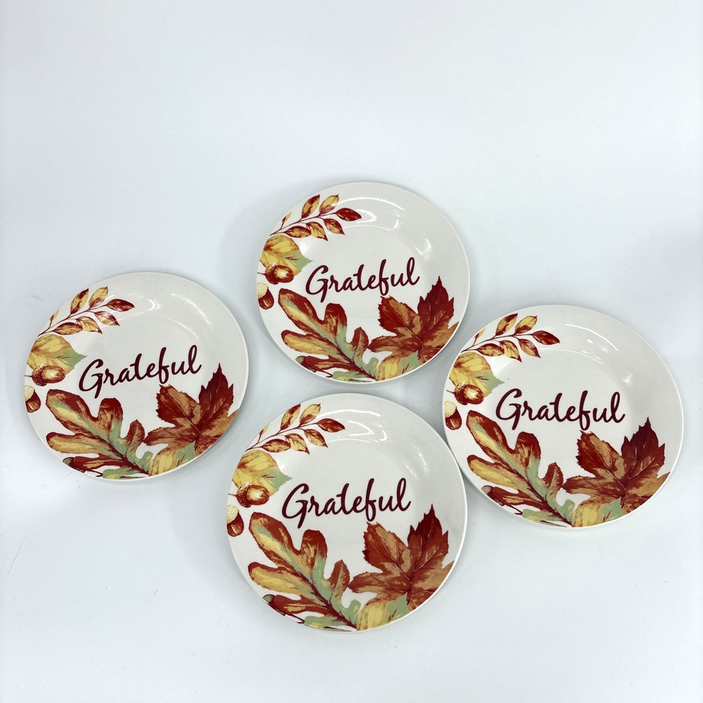 Royal Norfolk Ceramic Dessert Appetizer Plates GRATEFUL Fall Leaves Thanksgiving